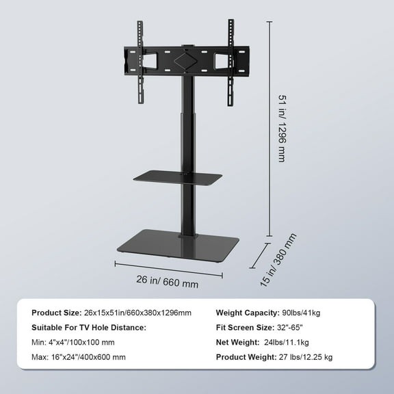 Portable Swivel TV Stand for 32-65" TVs, Height Adjustable Floor TV Mount with Sturdy Glass Base