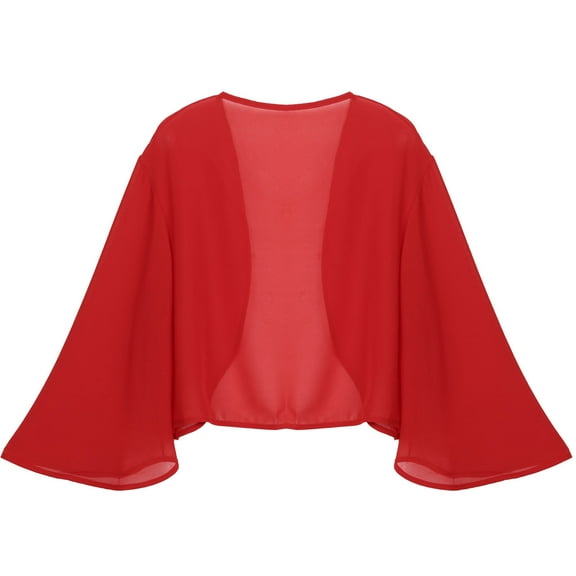 Aiihoo Women Bolero Shrug Chiffon Open Front 3/4 Sleeve Cropped Cardigan Lightweight Sheer Tops for Dress Red M