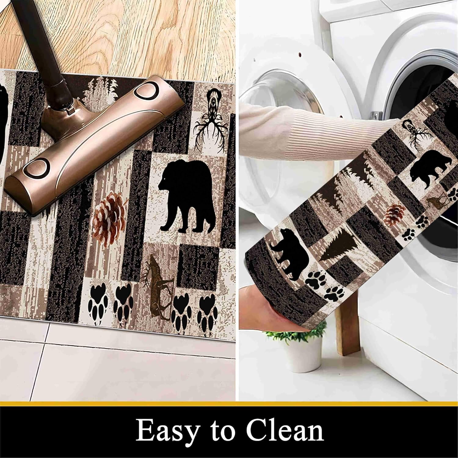 Rustic Lodge Runner Rug,2x7ft,Western Country Bear Elk Deer Wildlife Log Design,Forest Landscape Hunting Theme Rug,with Non Slip Backing Washable Rugs, Non Slip Pet Friendly Rug for Hallway