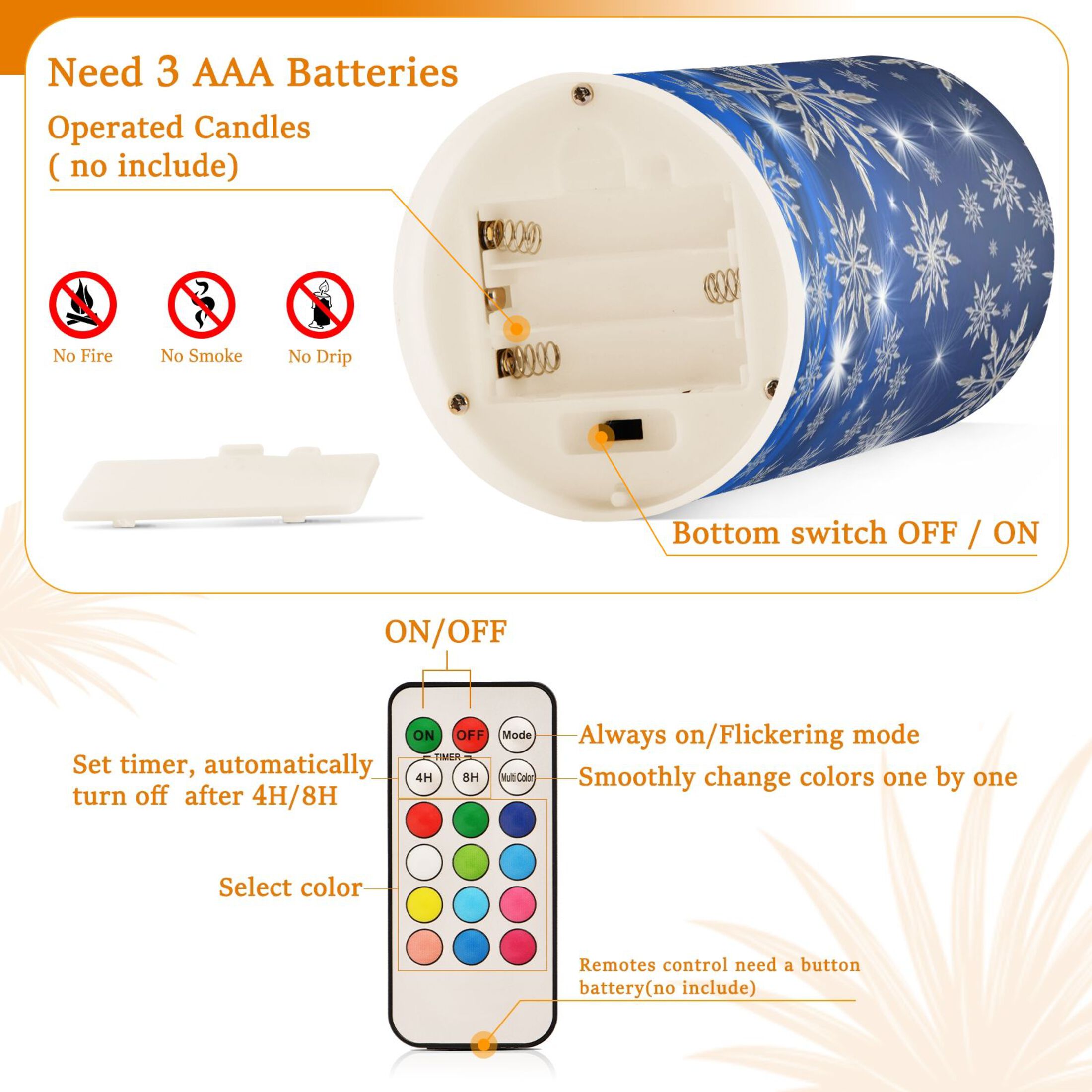 Christmas Blue Snowflakes Flickering Flameless Candles Battery Operated with Remote Timer LED Pillar Candles Set of 2