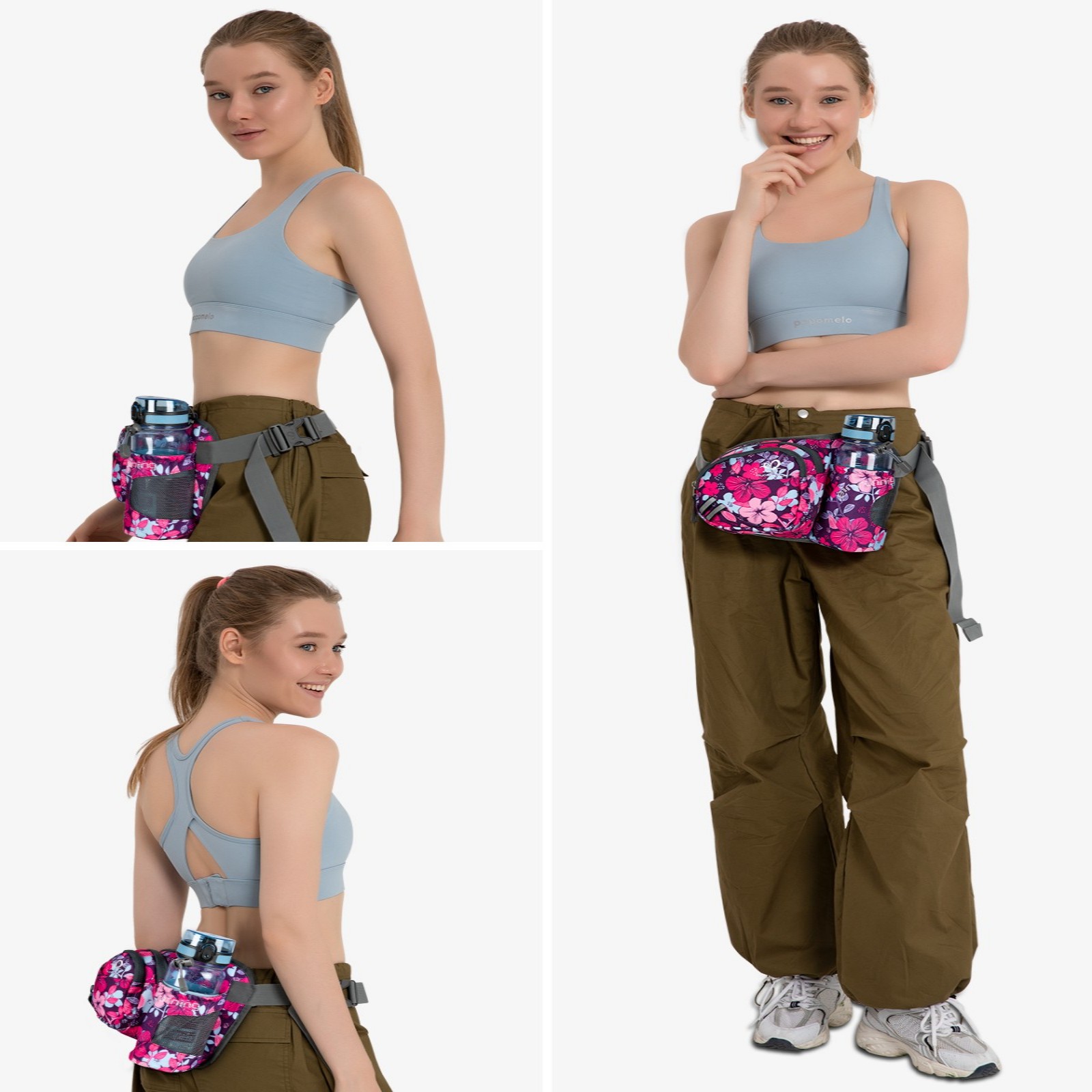 WATERFLY Unisex 3.5L Nylon Fanny Packs with a Water Bottle Holder Travelling Hiking Walking,Purple flowers