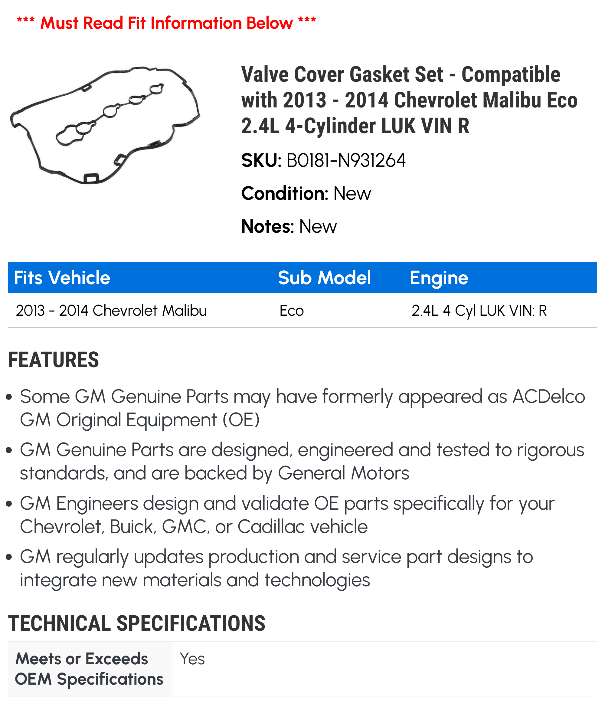 Valve Cover Gasket Set - Compatible with 2013 - 2014 Chevrolet Malibu Eco 2.4L 4-Cylinder LUK VIN R - AC Delco
