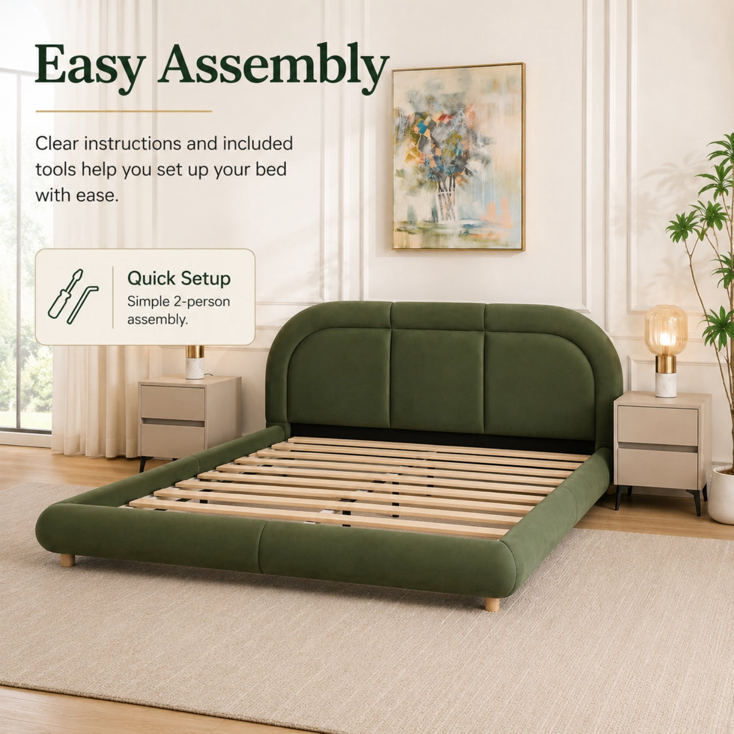 Miniyam King Size Velvet Upholstered Bed Frame with Curved Headboard, Platform Bed with Wood Slats, No Box Spring Needed, Green