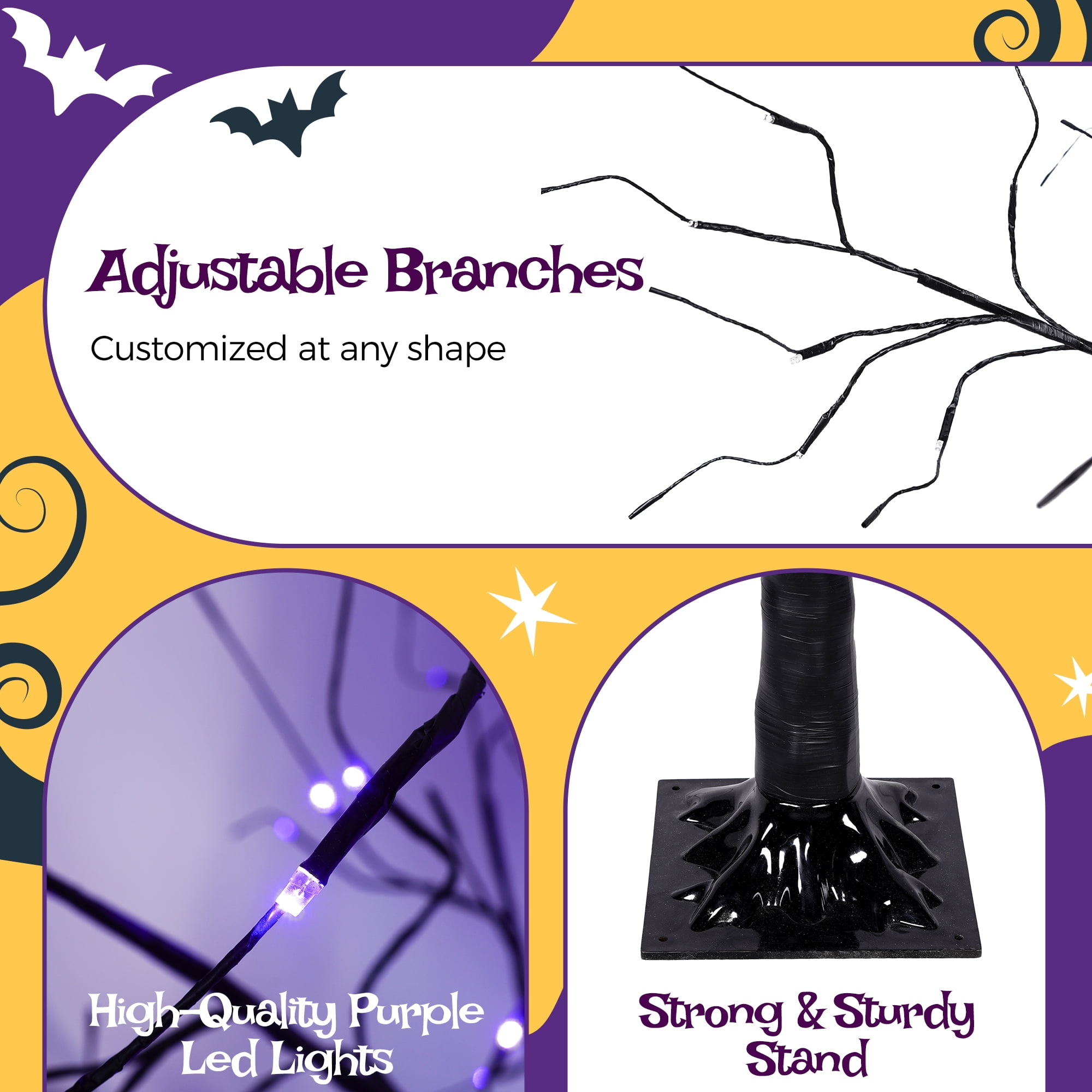 Euroco 3 Pac Halloween Spooky Tree with Purple Lights, 4FT 5FT and 6FT, Lighted Black Tree for Halloween Decoration