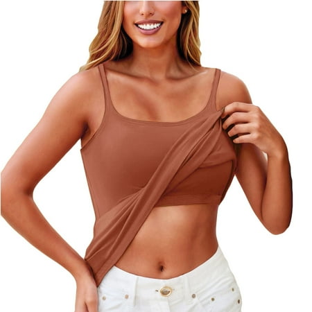 Women Camisole with Built-in Bra Cup Strap Supportive Padded Tank Top Layering Cami Undershirt for Yoga Brown L