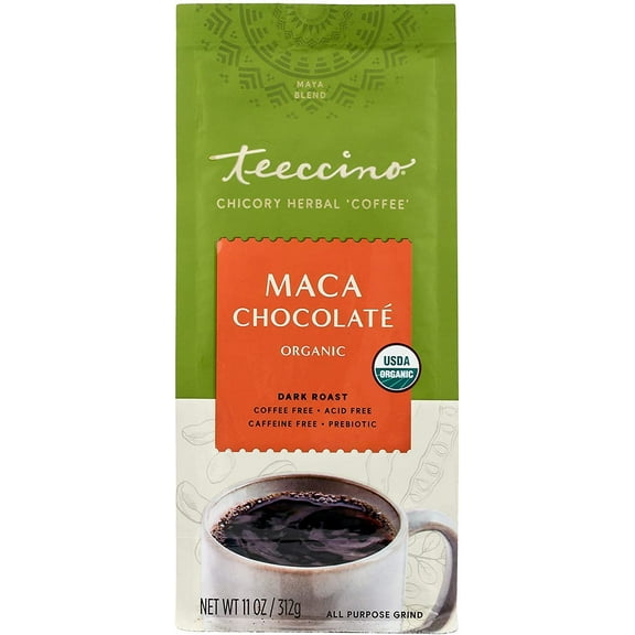 Teeccino Maca Chocolaté Chicory Coffee Alternative - Ground Herbal Coffee That’s Prebiotic, Caffeine Free & Acid Free, Dark Roast, 11 Ounce