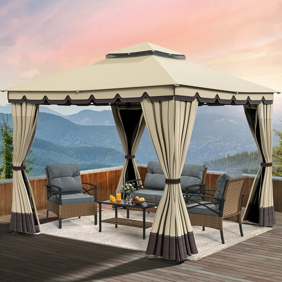 Dextrus10' x 10' Outdoor Gazebo for Patios, Double Roof Soft top Canopy Gazebo with Mosquito Netting and Curtains, Soft Fabric Top Garden Winds Tent ,Khaki
