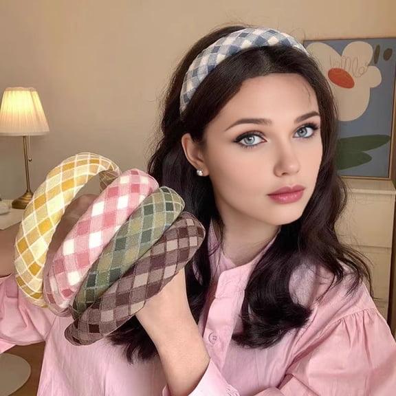 SmartBy Women Headband Retro Plaid Pattern Thick Sponge Filling Soft Fabric Hair Hoop Fluffy Hairstyle Hair Accessory