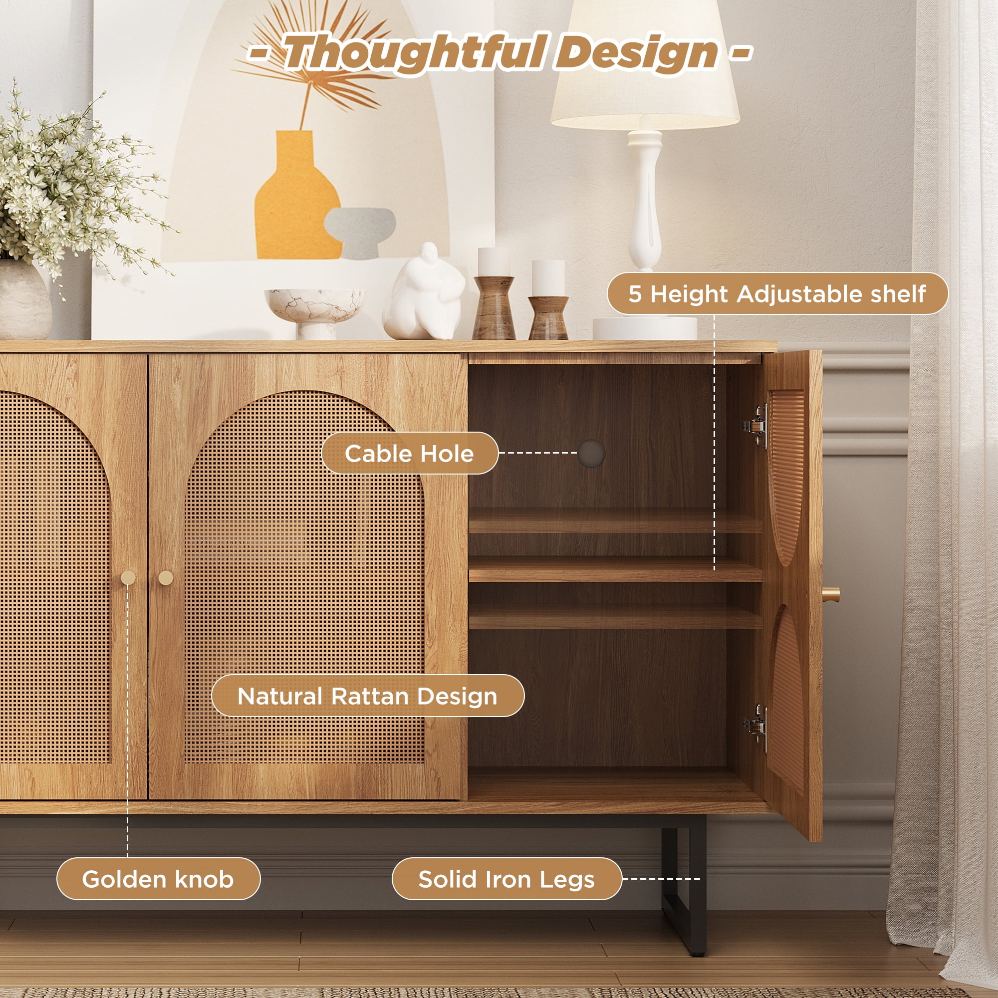Sideboard Buffet Cabinet with 3 Rattan Doors, 47.2” Kitchen Storage Cabinet with Adjustable Shelf and Metal Legs for Dining Living Room, Hallway, Entryway, Beige