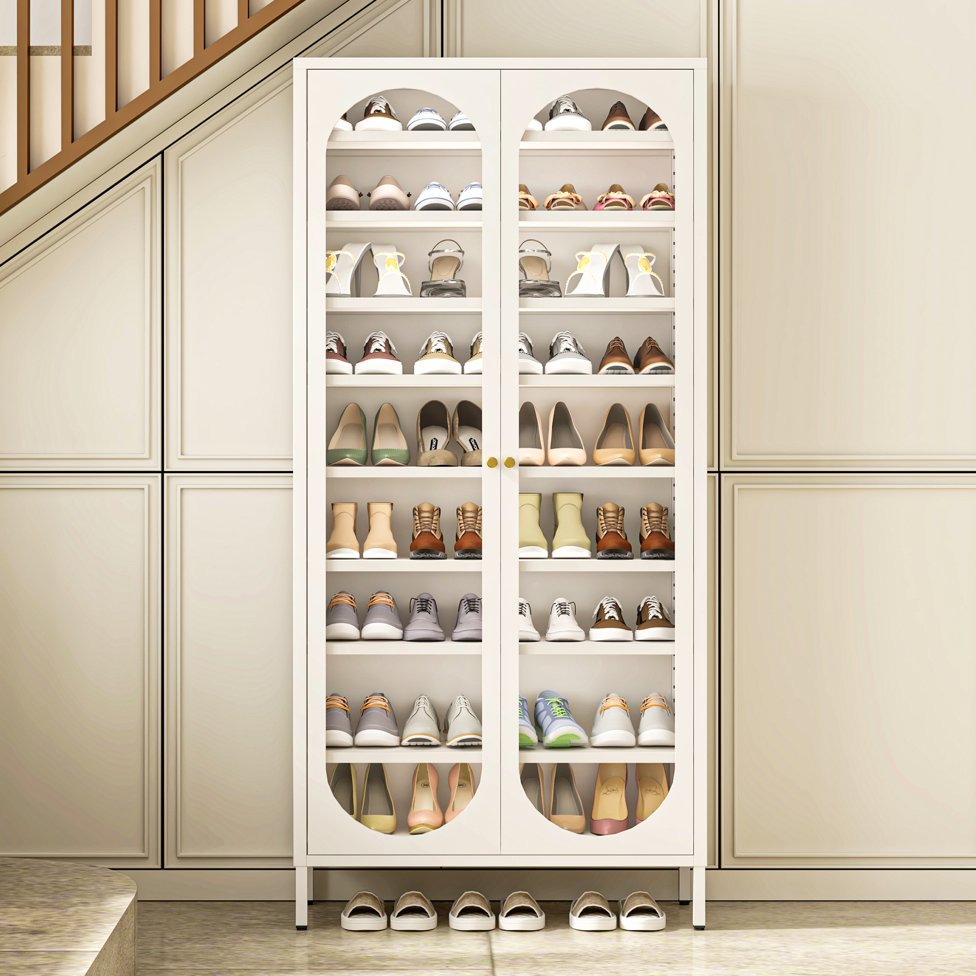 ANMINY 9-Tier Tall Shoe Storage Cabinet 67"H Shoe Cabinet with Glass Doors 9-Tier Shoe Organizer Rack with 8 Adjustable Shelves Max. Store 27-36 Pairs for Entryway Hallway Cloakroom Living Room, White