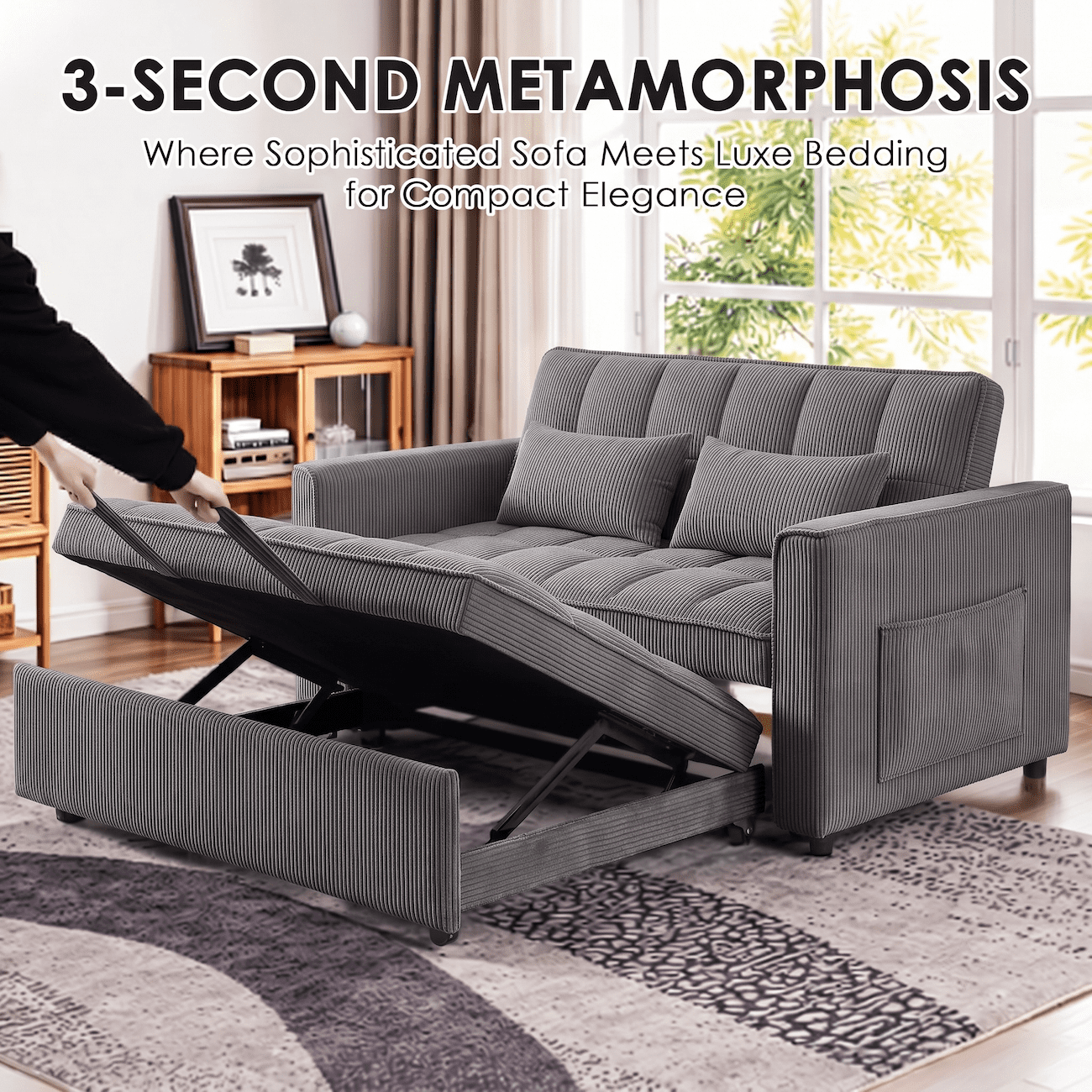 Xiweot 54" Sleeper Sofa Bed, Convertible Pull Out Couch for Living Room Apartment, Velvet Futon Loveseat Sofa Bed with Adjustable Backrest, Side Pockets, 2 Pillows, Easy Assembly (Dark Gray)