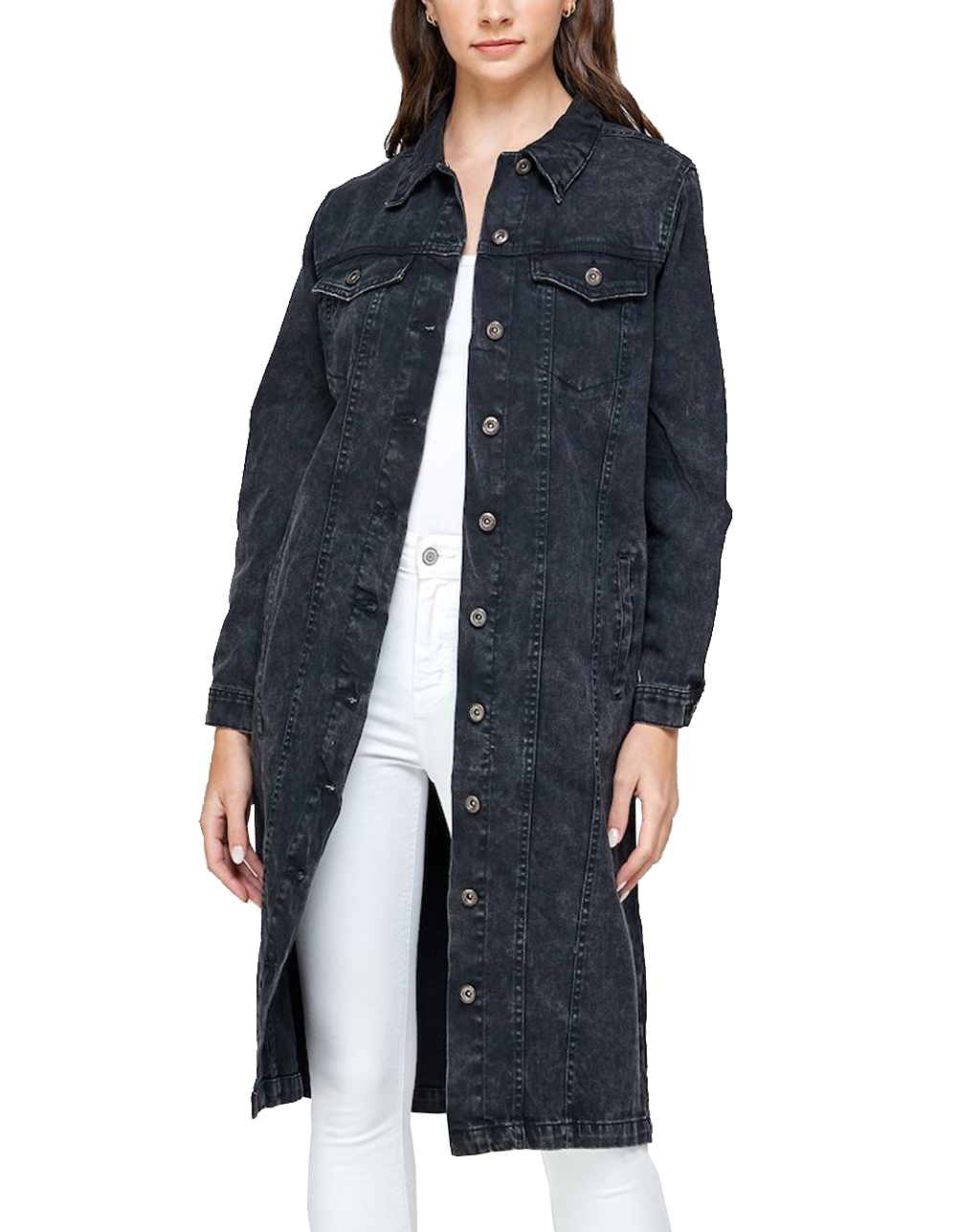 Women's Long Casual Maxi Length Denim Cotton Coat Oversize Button Up Jean Jacket (Mineral Black, S) - image 4 of 6