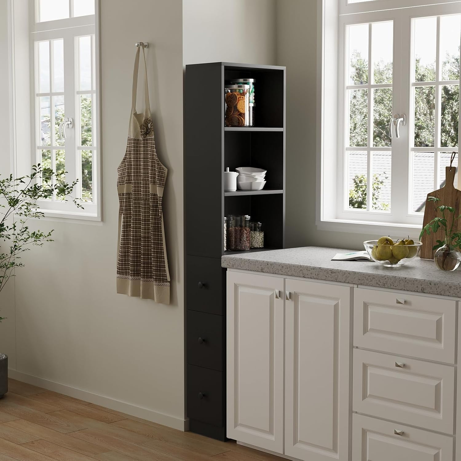 Tall Narrow Free Standing Bathroom Storage Cabinet with 3-Level Adjustable Shelves Home - Space Saver for Living Room Kitchen - Classic Black
