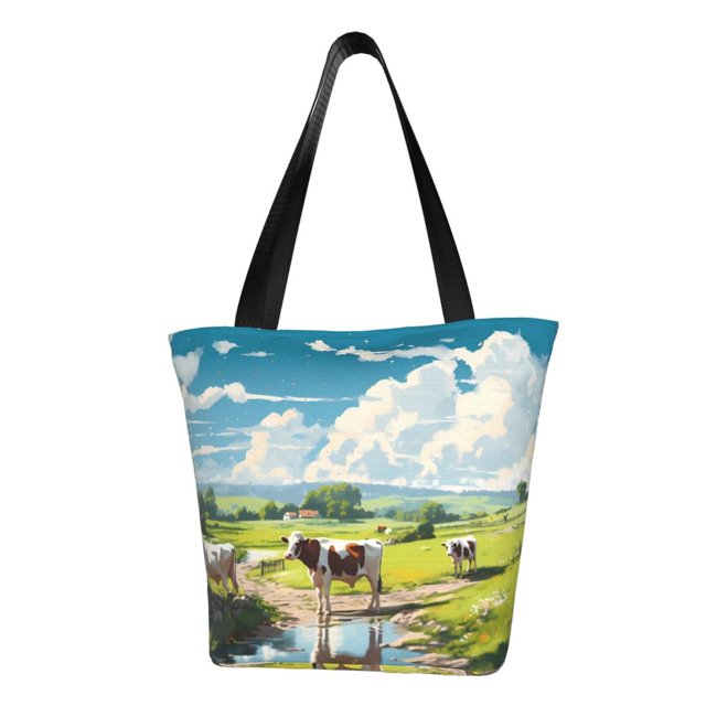 Fotbe Countryside Farm Cow Bolsa de Playa con Estampado, Bolsa de Hombro, Bolsa de Mano Espaciosa, Bolsa de Viaje Ligera, Bolsa de Compras Versátil
