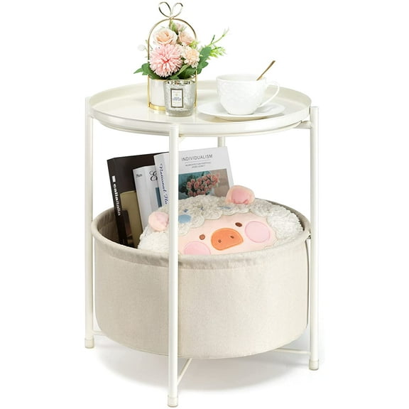 CERBIOR End Small Side Table with Storage Basket, Metal Sofa Side Snack Table with Detachable Tray Top and Fabric Storage Basket, Scandi Style Table for Living Room Bedroom (White)