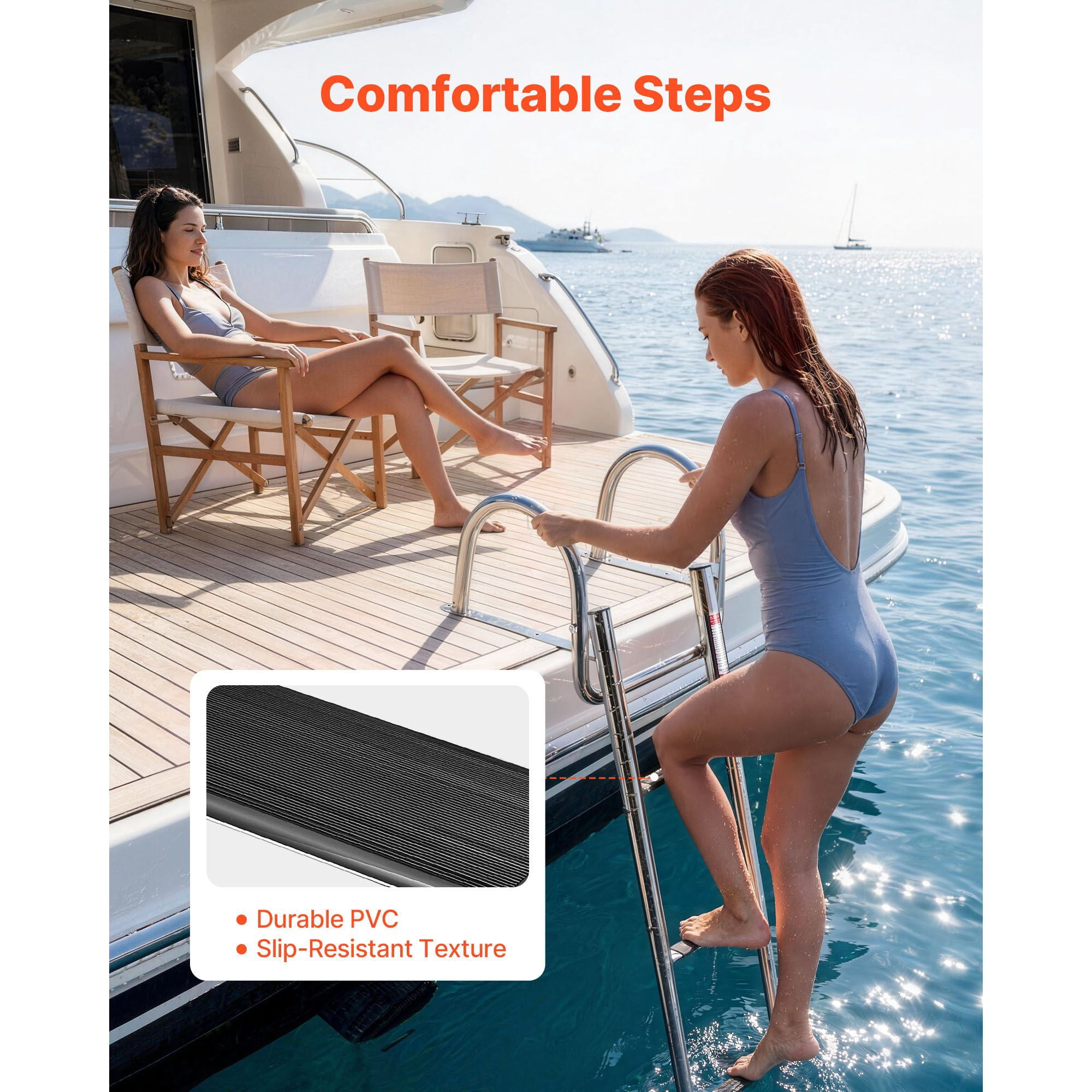 Boat Ladder, 4 Steps, Stainless Steel Telescoping Folding Swim Deck Ladder for Rear Entry Inboard, 600 lbs Capacity with Wide Anti-Slip Steps & Handrails, for Outboards, Yacht, Pontoon Boats