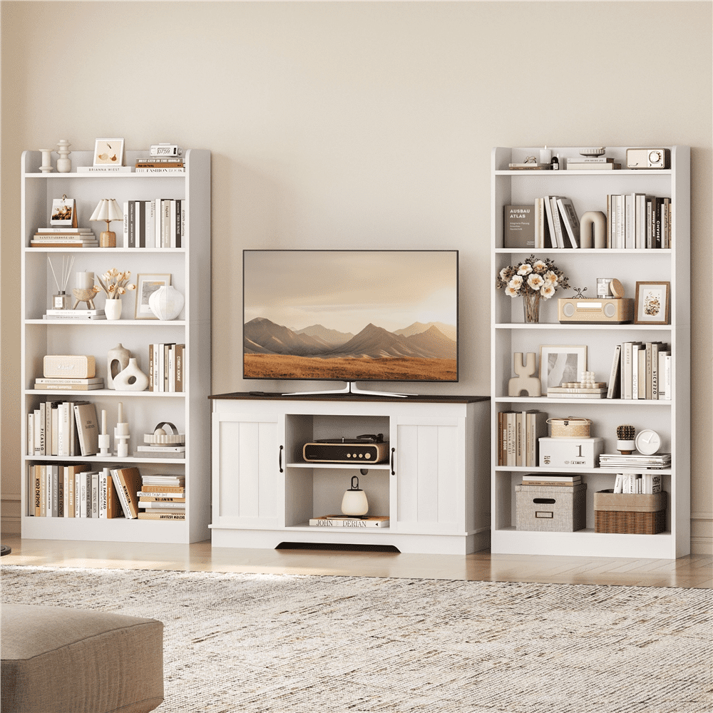 Renwick 6 Layer Modern Simple Bookshelf with Top Open Compartment, Set of 2, White