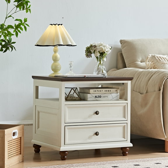 Joaxswe Farmhouse Nightstand, 2 Drawer Dresser for Bedroom with 2 Drawers & Shelf, Bedside Table End Table Side Table for Living Room, White