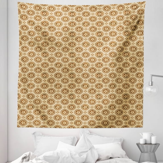 Retro Tapestry, Weathered Watercolor Effect Composition of Continuous Circles Dots and Petals, Fabric Wall Hanging Decor for Bedroom Living Room Dorm, 5 Sizes, Caramel and Beige, by Ambesonne