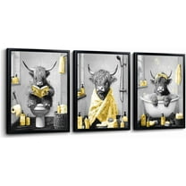 Hieng Highland Cow Bathroom Wall Art 3 Piece Funny Bathroom Pictures Canvas Print Grey and Blue Decor Unframed
