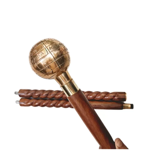 Victorian Solid Brass Global Head Handle with Walking Cane Spiral Wooden Walking Stick for Women Men Vintage