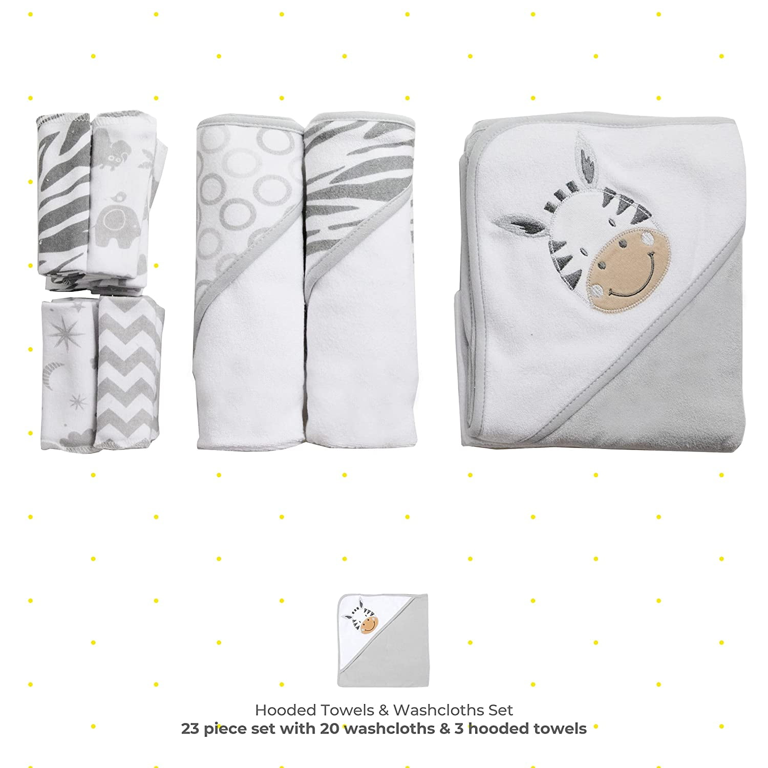 Spasilk Bath Hooded Towels & Washcloths Set for Babies, 23-Piece Gift Set, White Zebra