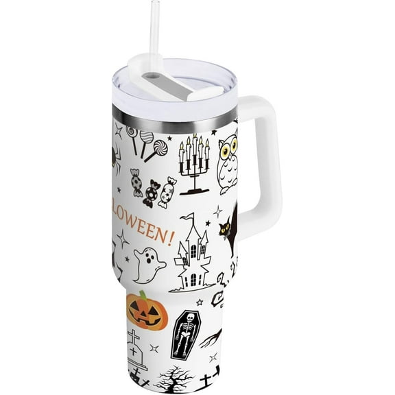 40 oz Tumbler with Handle Lid and Straw Insulated Water Tumbler Stainless Steel Water Cup Mug Bottle Reusable Cup Holder Friendly Happy Halloween