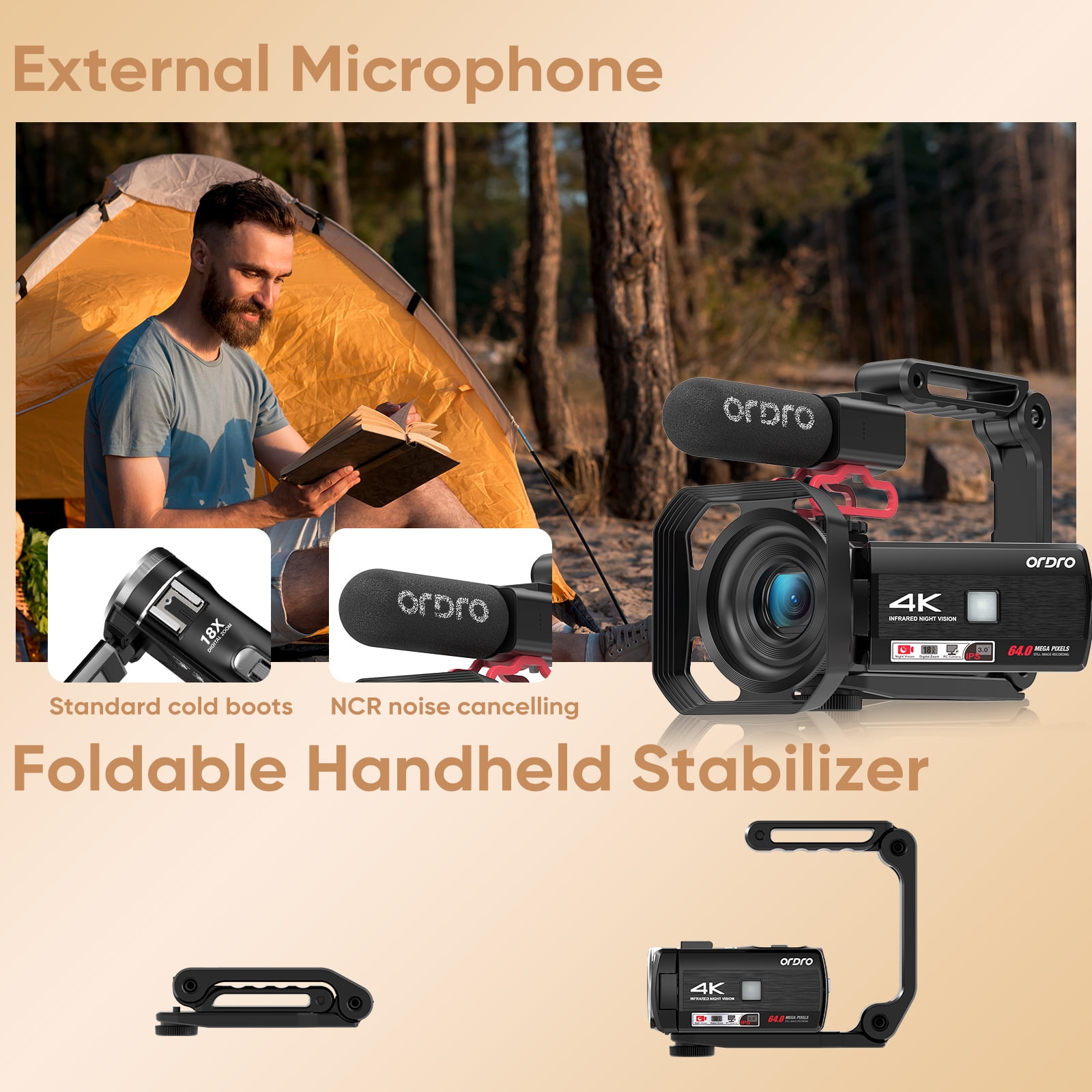 ORDRO 4K 30FPS Video Camera 64MP Camcorder with IR Night Vision 18X Digital Zoom for Vlog Youtube