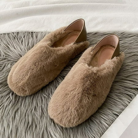 

YOTAMI Slippers for Women Plush Shoes Women s Autumn And Winter Comfort Plus Velvet Warm Cotton Shoes Home Flat Lazy Drag Khaki