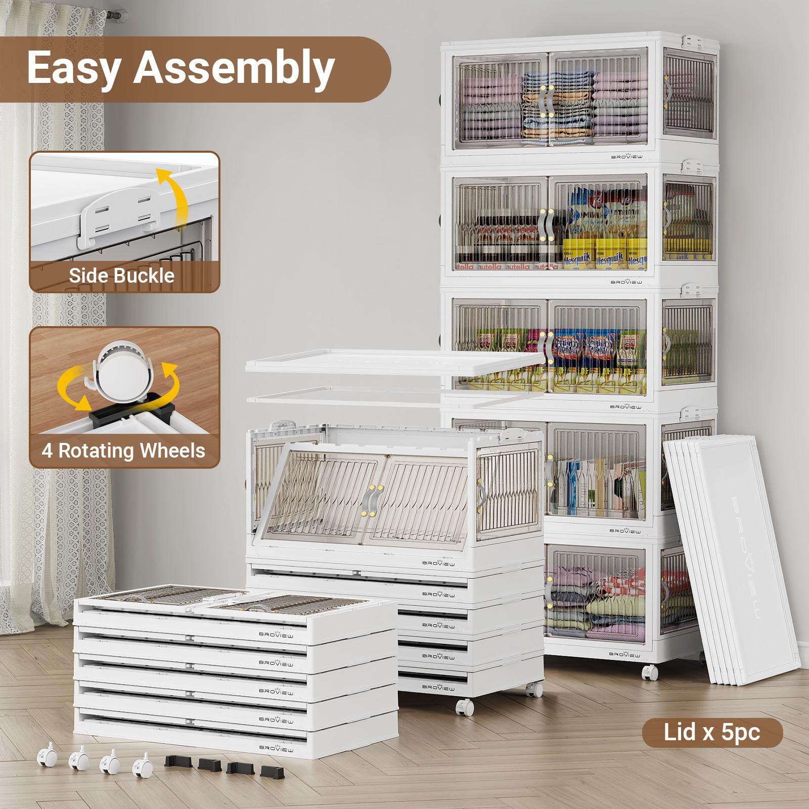 BROVIEW 360QT Large Stackable Storage Bins with Lids and Wheels, Plastic Closet Organizer and Storage Drawer, Collapsible Storage Cabinet with Doors for Home Kitchen, 3Pack White
