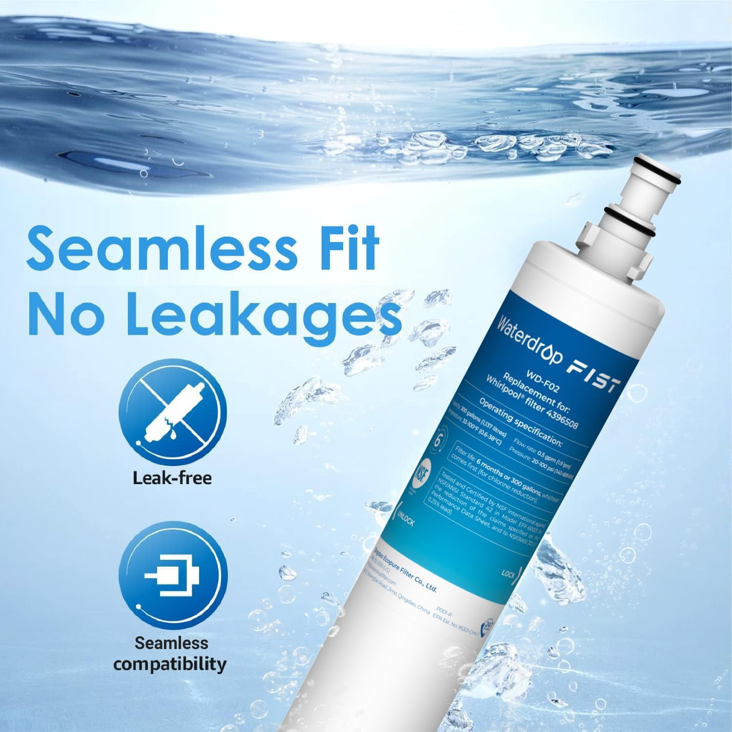 Waterdrop 4396508 Refrigerator Water Filter, Replacement for EveryDrop® Filter 5, EDR5RXD1 Whirlpool® 4396508, 4396510, Kenmore® 46-9010, 1 Pack