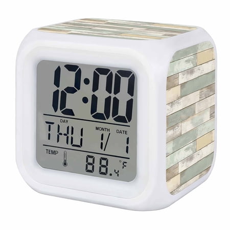 Alarm Clocks Sage Green Wood Grain Digital Clock 7 Color LED Night Light Silent Non-Ticking Battery Operated Rustic Retro Wooden Cube Clocks Decorative for Bedroom Bedside Living Room Office School