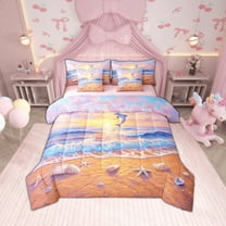 Erosebridal Ocean Beach Bedding Sets Twin Size,Dolphin Starfish Comforter Sets with Sheets,Sea Animal Bed in a Bag Twin size,Breathable Sunset Room Decor,Reversible,7-Piece