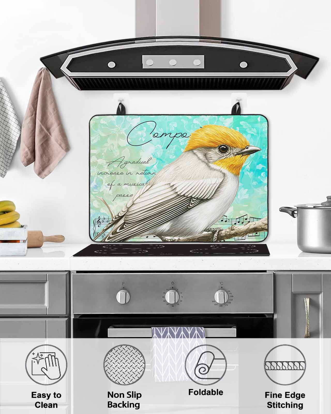 nqOlkjepod Large Induction Cooktop Protector Mat 24"x21", Yellow Bird Stove Top Covers for Electric Stove, Music Farmhouse Animals Country Teal Stove Burner Cover Mats, Glass Top Stove Cover