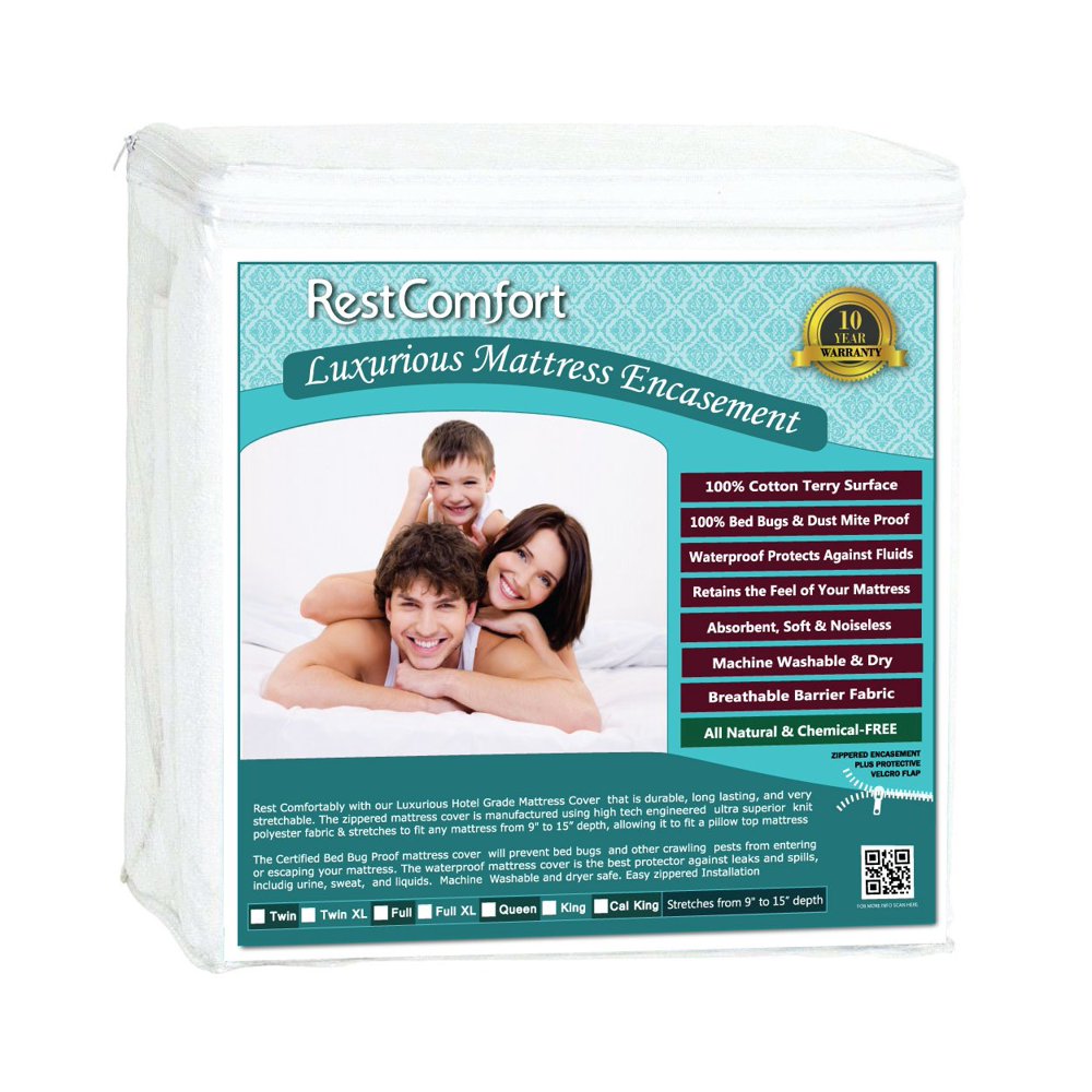 Luxury Zippered Encasement Cotton Terry Top Waterproof, Dust Mite