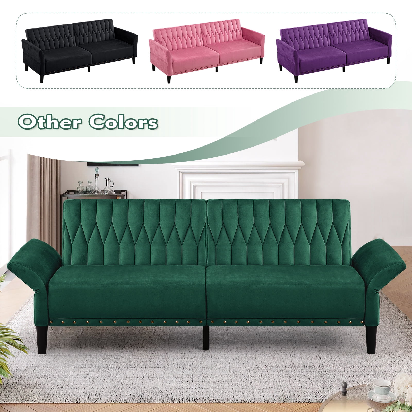 ACMEASE 77 Inches Velvet Sofa Bed w/Adjustable Backrests & Armrests, Tufted Sleeper Sofa Couch w/Nailhead Trim, Convertible Modern Recliner Loveseat for Living Room,Office, Green