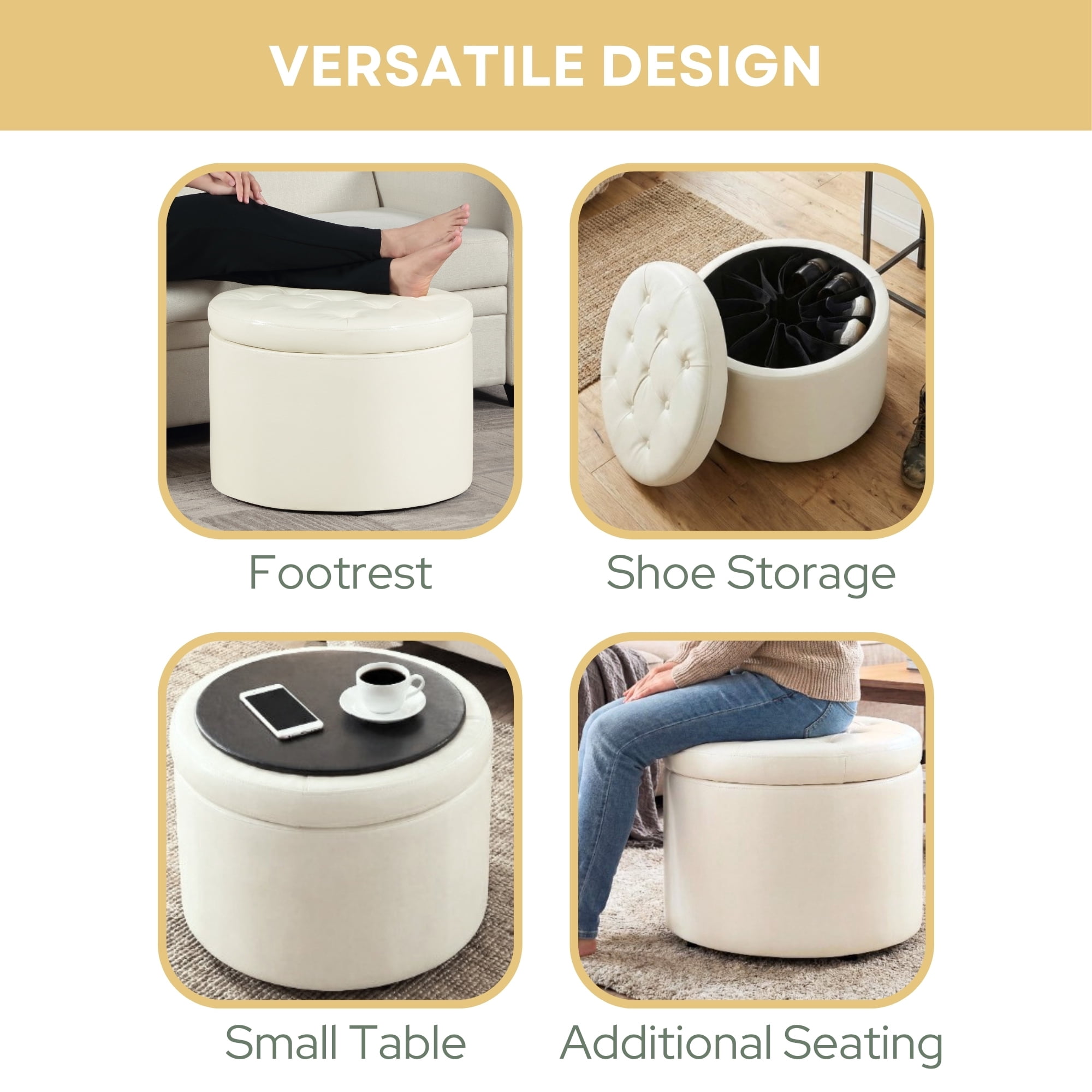 Convenience Concepts Designs4Comfort Round Shoe Storage Ottoman with Reversible Tray Table Lid, Ivory Vegan Leather