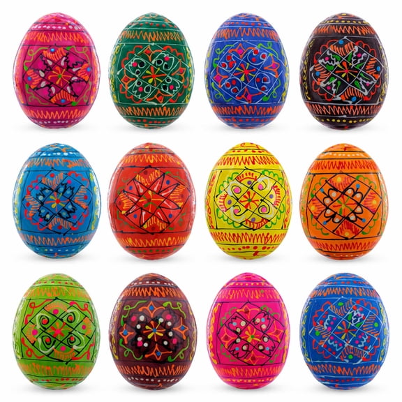 Set of 12 Geometrical Wooden Ukrainian Easter Eggs Pysanky 2.5 Inches