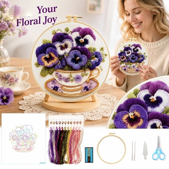 Beginner Embroidery Kit for Adults 8 Inch Pansy Floral Hand Embroidery Set Diy Craft Supplies for Home Wall Art