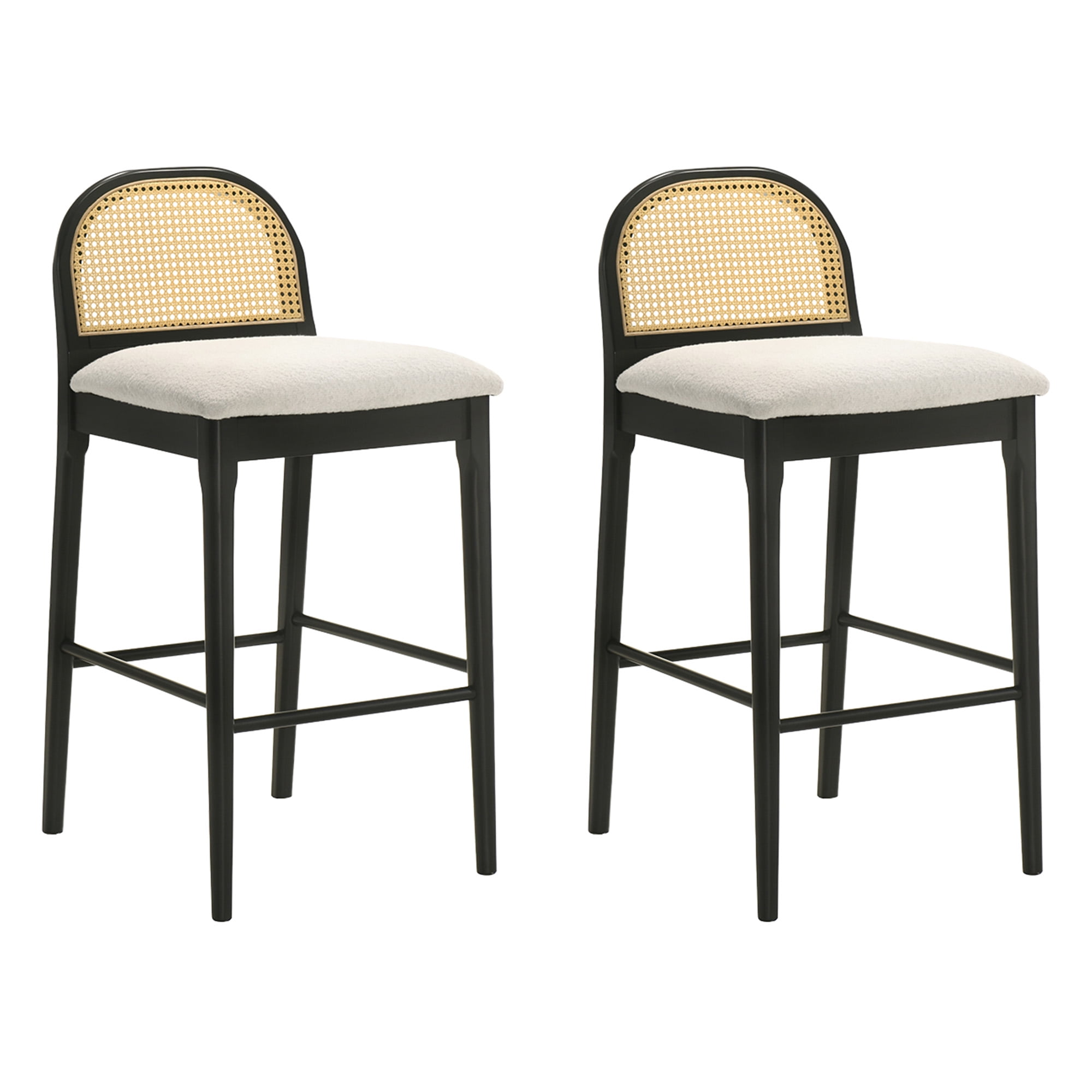 Lucio Modern Farmhouse Wood Bar Height Kitchen Bar Stool in Black Finish with White Boucle Fabric Upholstered Seat - Set of 2