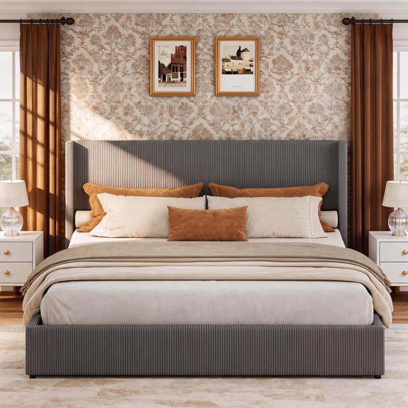 IDEALHOUSE King Size Upholstered Platform Bed Frame with Storage Drawers, Corduroy Wingback with Tufted Headboard and Footboard, No Box Spring Needed, Grey