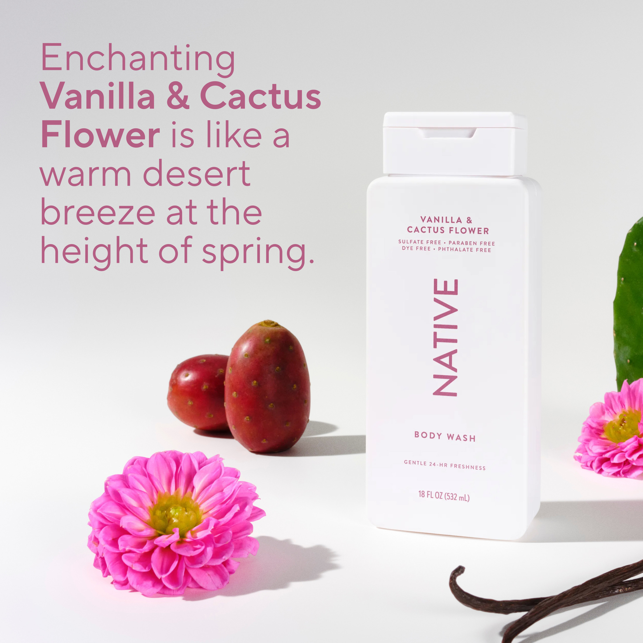 Native Body Wash, Vanilla & Cactus Flower, Sulfate Free, for Women & Men, 18 fl oz