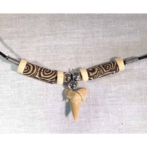 Dinosaurs Rock - Fossil Shark Tooth Necklace with Tribal Beads on Black