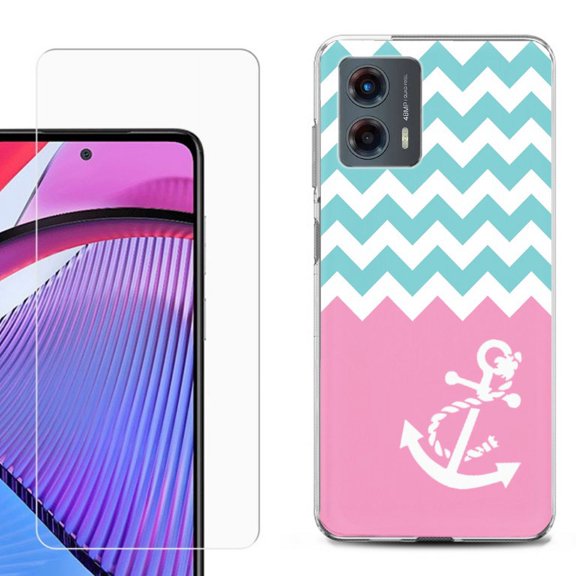 OneToughShield ® Compatible with Motorola Moto G 5G 2023, Shockproof Phone Case, with Tempered Glass Screen Protector - Chevron/Anchor