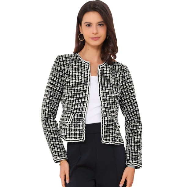 Disfraz de Halloween Blazer de tweed a cuadros para mujer, manga larga, parte delantera abierta, trabajo, oficina, chaqueta corta Negro S