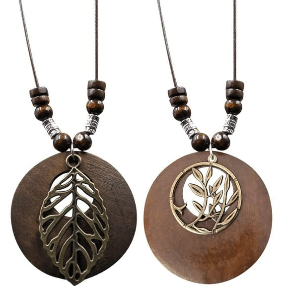 2 Pcs Wooden Pendant Necklace with Metal Leaf Charms Vintage Long Rope Chain Sweater Necklace Jewelry Gift for Women Men