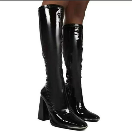 

Ringshlar Women Boots Square Heel Patent Leather Pointed Toe Knee High Boots Winter Boot Side Zipper Long Boots