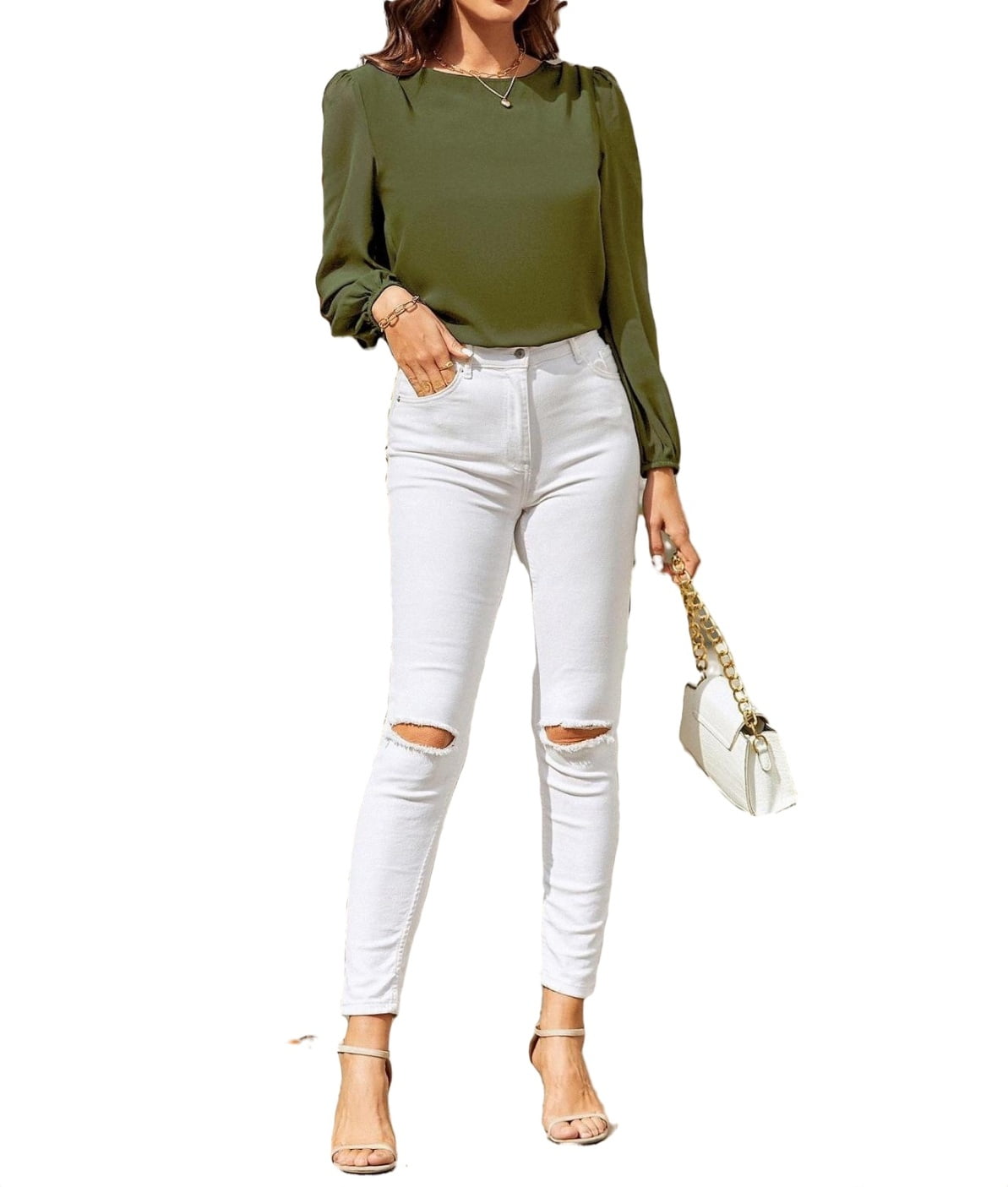 Cutout Back Lantern Sleeve Blouse & Reviews - Green - Sustainable Tops