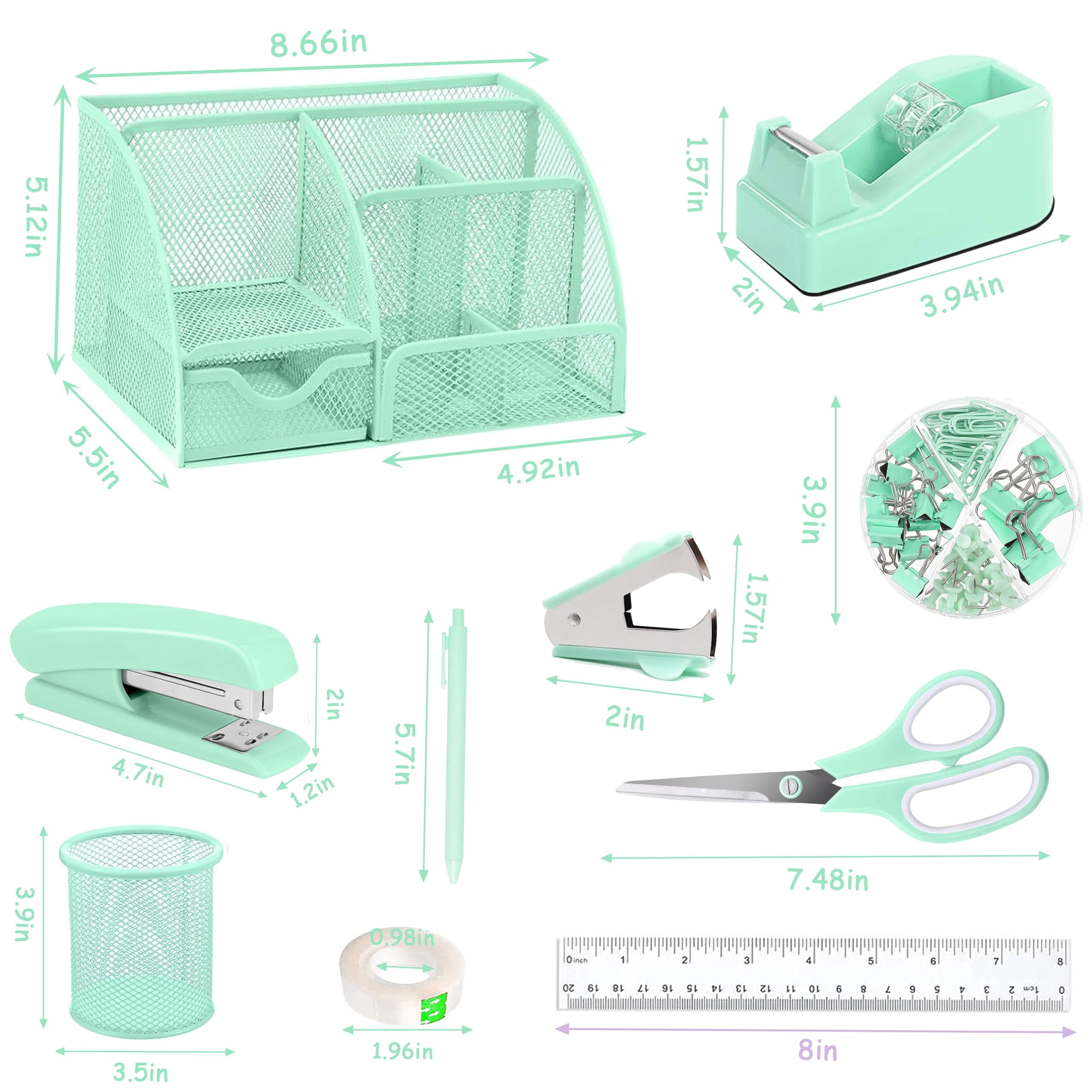 Green Office Desk Accessories Supplies  12pcs Organizers And With Tape Dispenser Stapler Staples Staple Remover Pen Holder Scissor Ruler Sticky Tabs Ballpoint Clips Set
