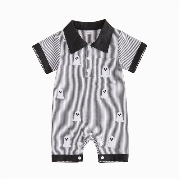 Gubotare Newborn Infant Baby Boy Halloween Outfit Pumpkin/Ghost Romper One Piece Short Sleeve Button Down Onesie Clothes (Black, 12-18 Months)